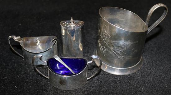 Silver 3 piece condiment set and plated mug